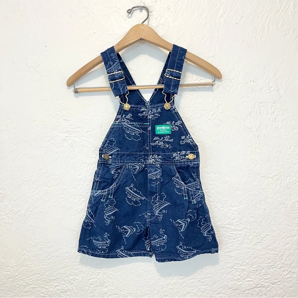 Vintage OshKosh B'gosh Overalls Denim Blue Boats 6 Toddler